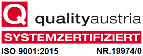 Logo: Quality Austria – Systemzertifiziert ISO 9001:2015, Nr. 19974/0